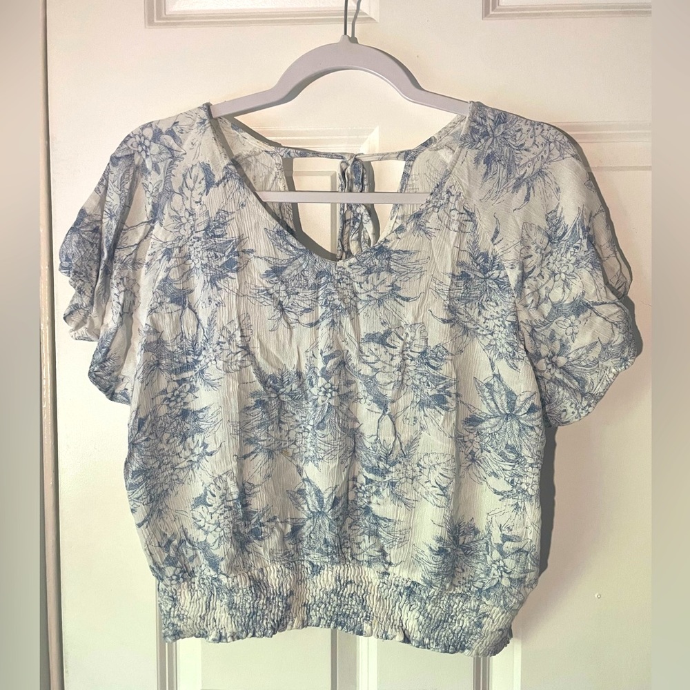 White and Blue Floral Blouse with Tied Back